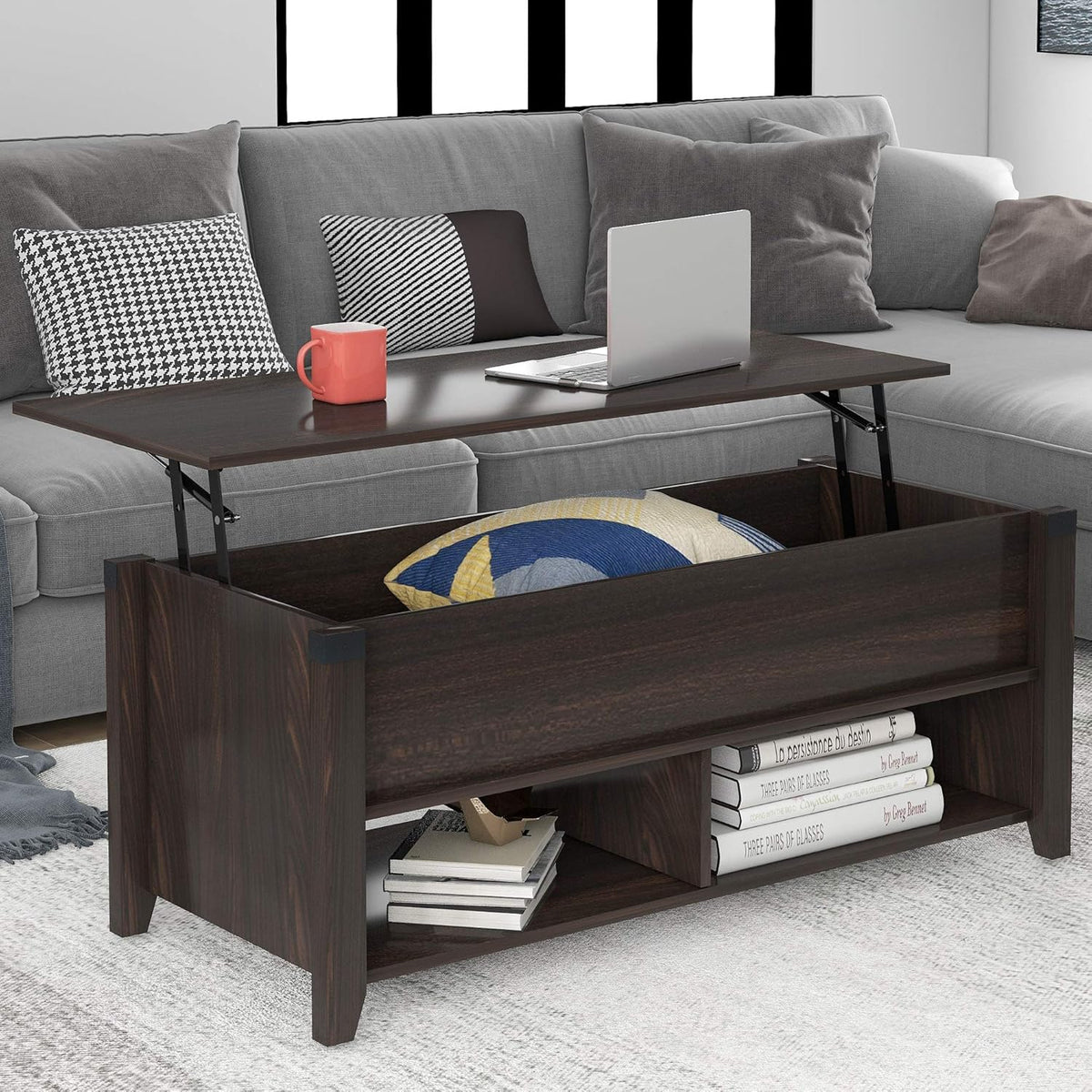 Gray Coffee Table with Drawer and Storage Shelf X231