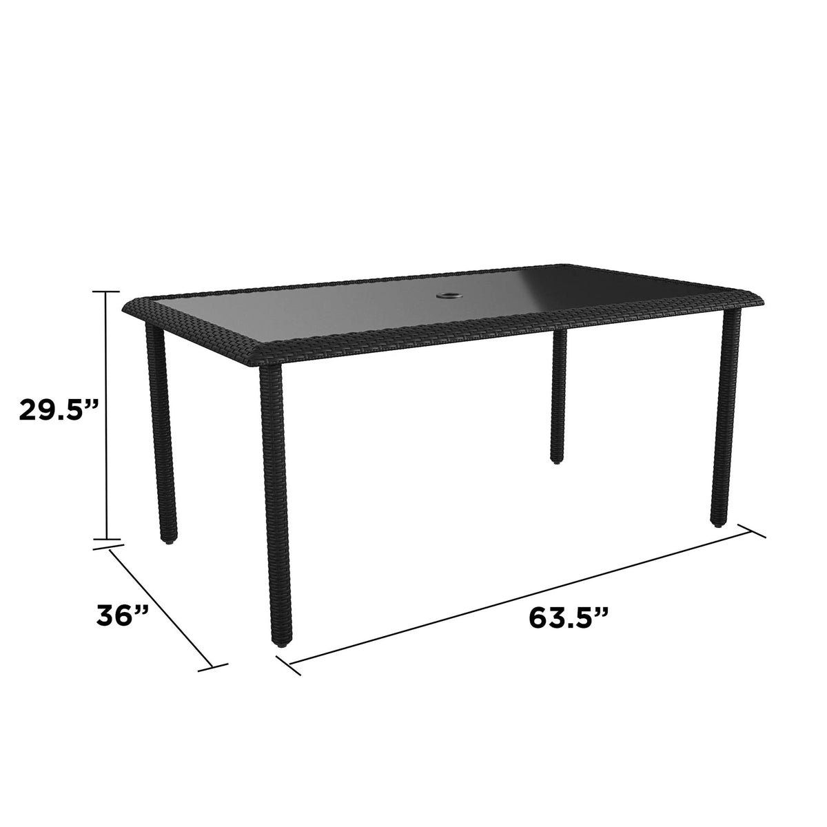 Black Wicker Dining Table with Glass Top and Umbrella Hole V788662