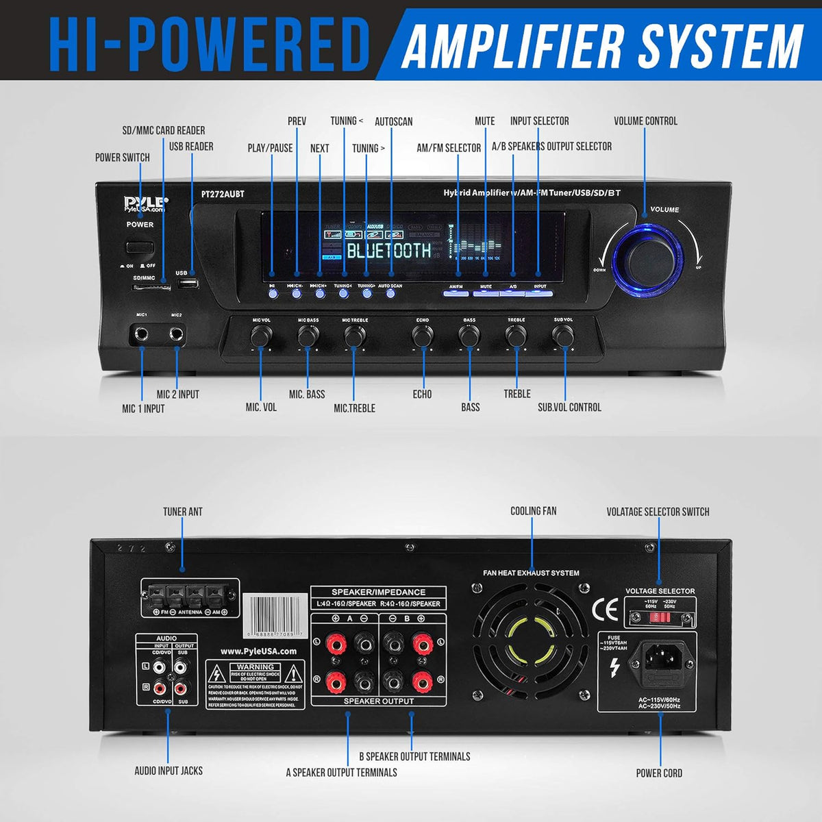 300W 4 Channel Wireless Bluetooth Audio Power Amplifier O718232