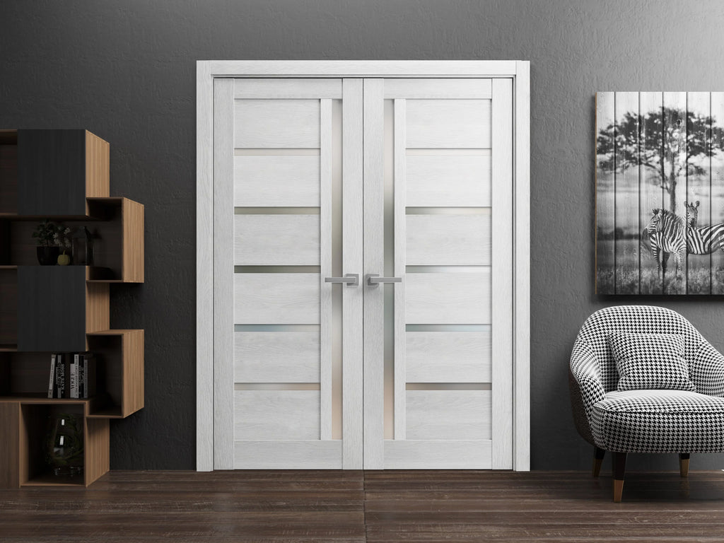 Solid French Double Doors 36 x 84 inches Light Grey Oak with Frosted Glass Wood Solid Panel Frame Trims N632