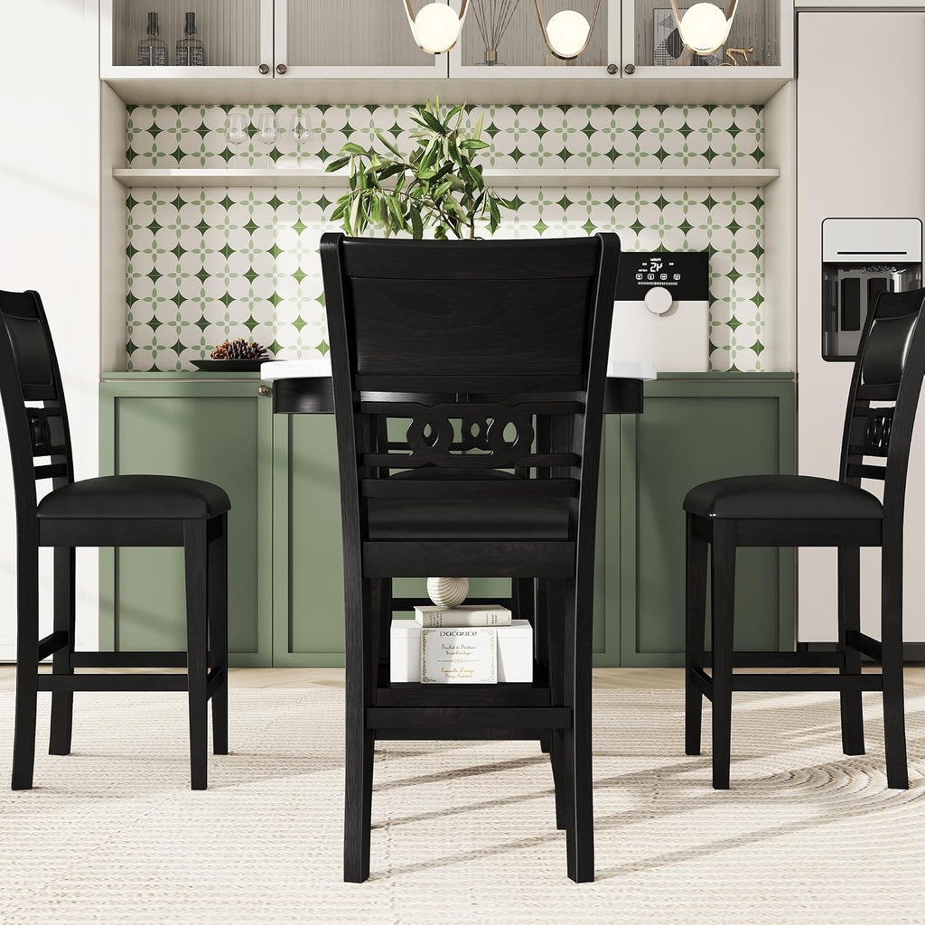 5-piece Counter Height Dining Round Table Set with Faux Marble Top and Four PU-leather Chairs, Dark Espresso Z836612