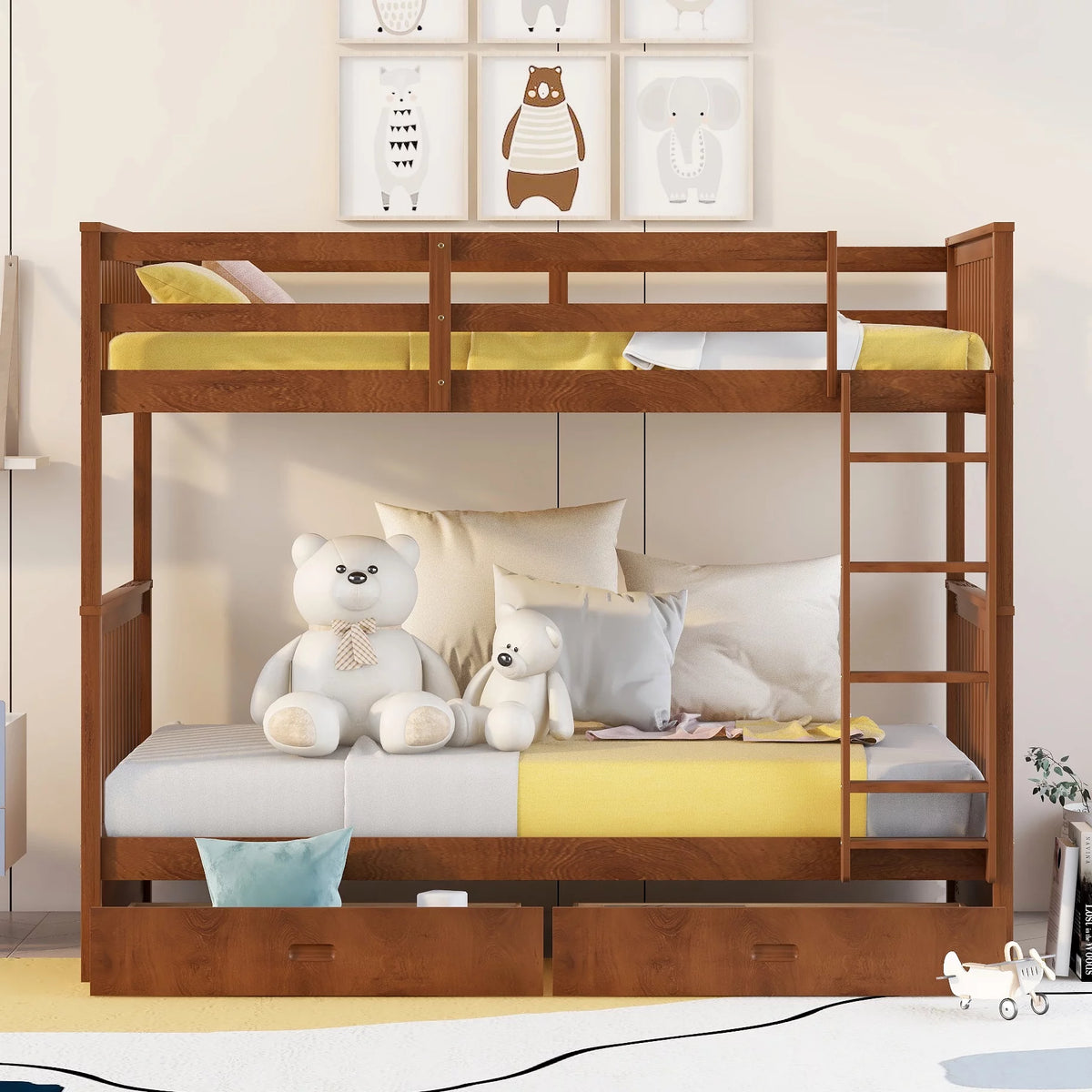 Solid Wood Twin Over Twin Bunk Beds with Storage Drawers N32140