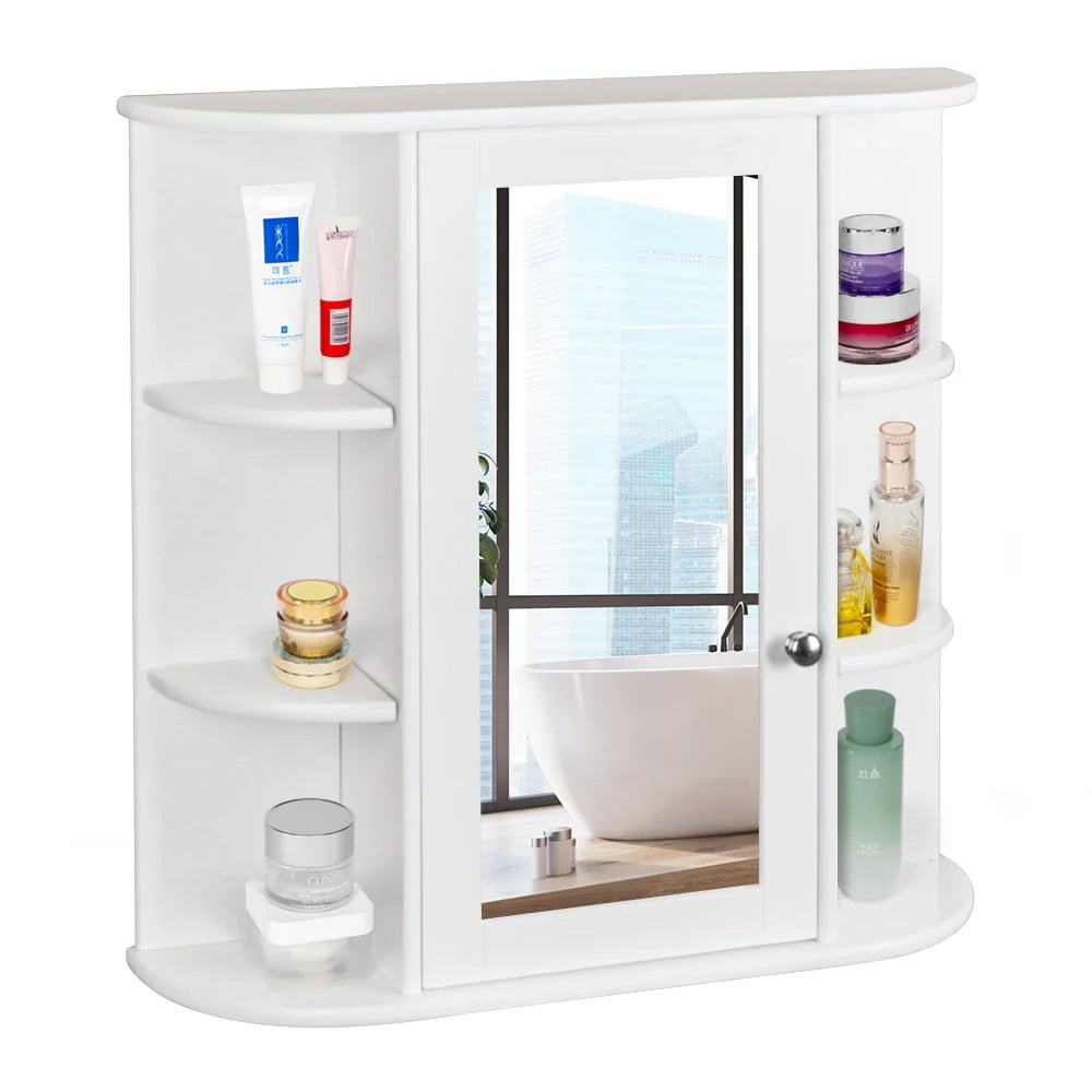 White Wooden Bathroom Storage Cabinet with Mirror Door & 8 Shelves L64961