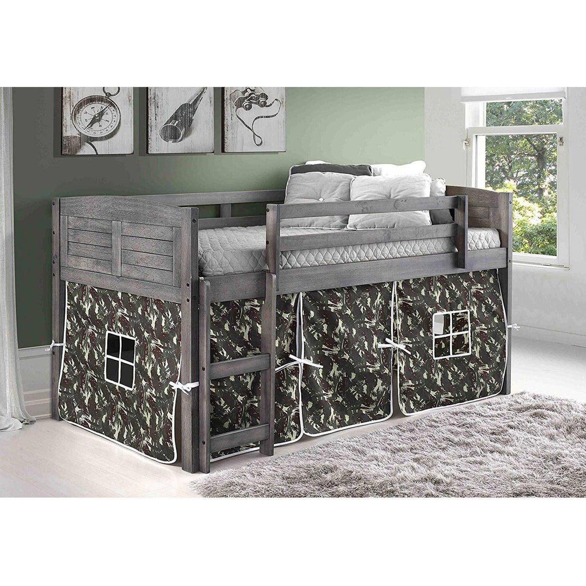 Twin Antique Grey Loft Bed with Tent P544