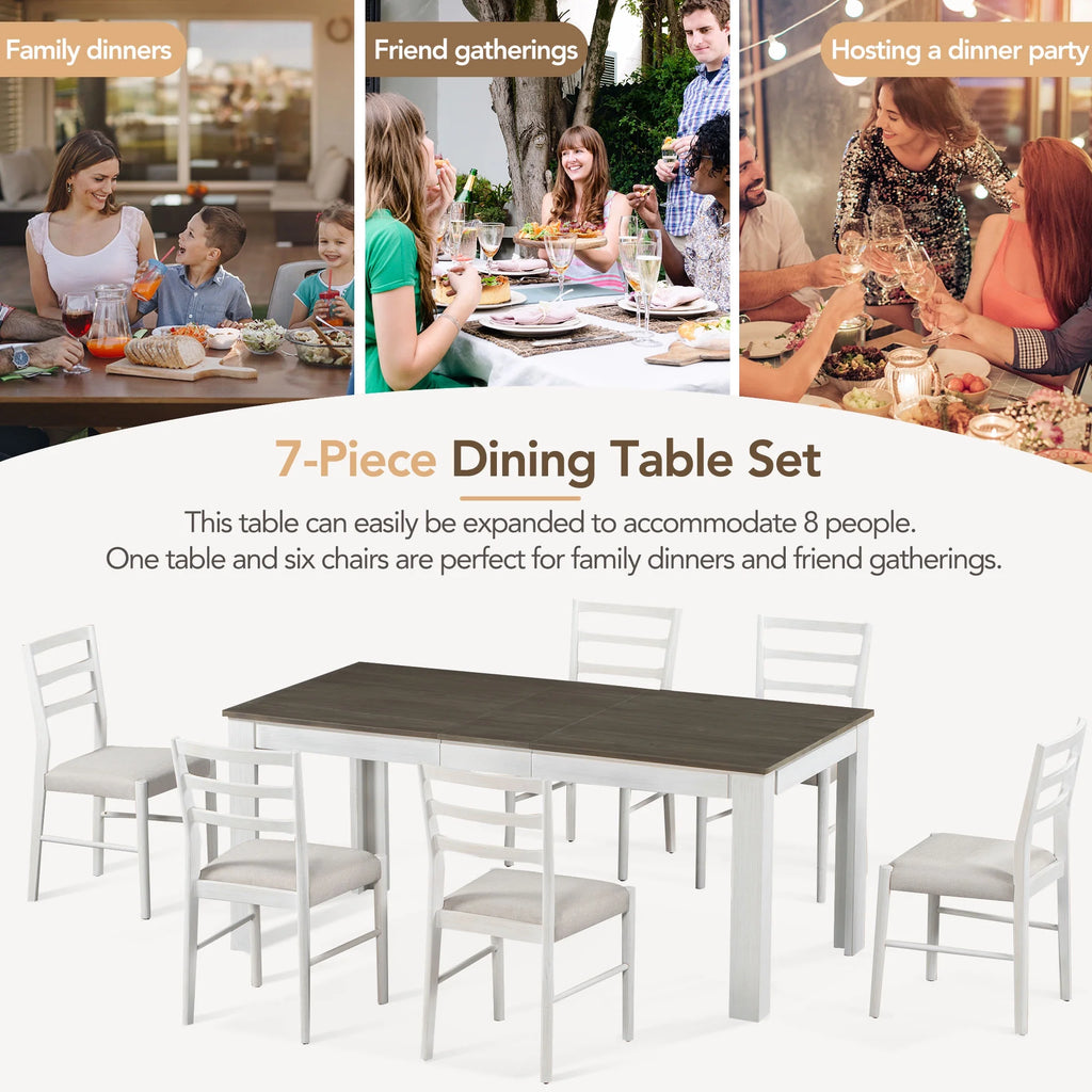 Farmhouse 7 Piece Dining Set Extendable Table with 12” Leaf and 2 Drawers O201303