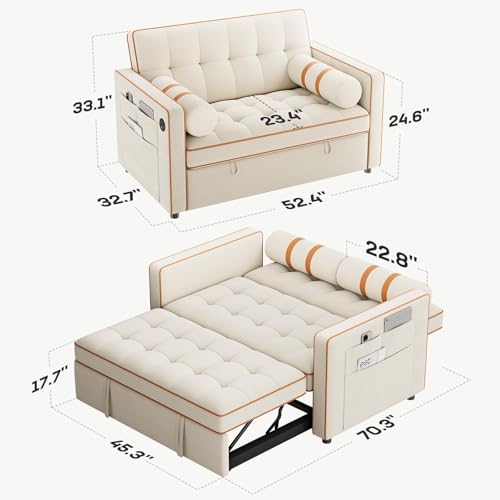 3-in-1 Convertible Sleeper Sofa with USB Charging and Side Pockets E931006