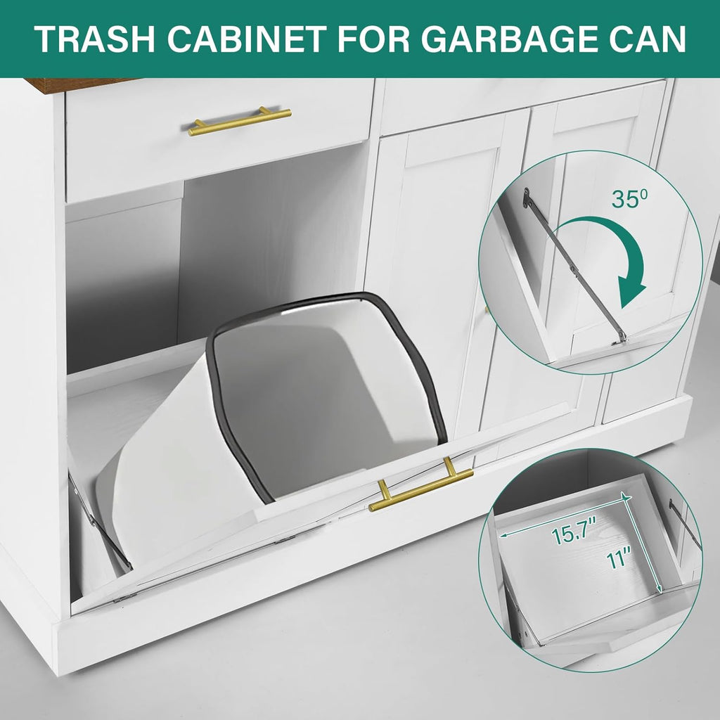 White Rolling Kitchen Island with Pull Out Spice Rack and Trash Can Cabinet O897