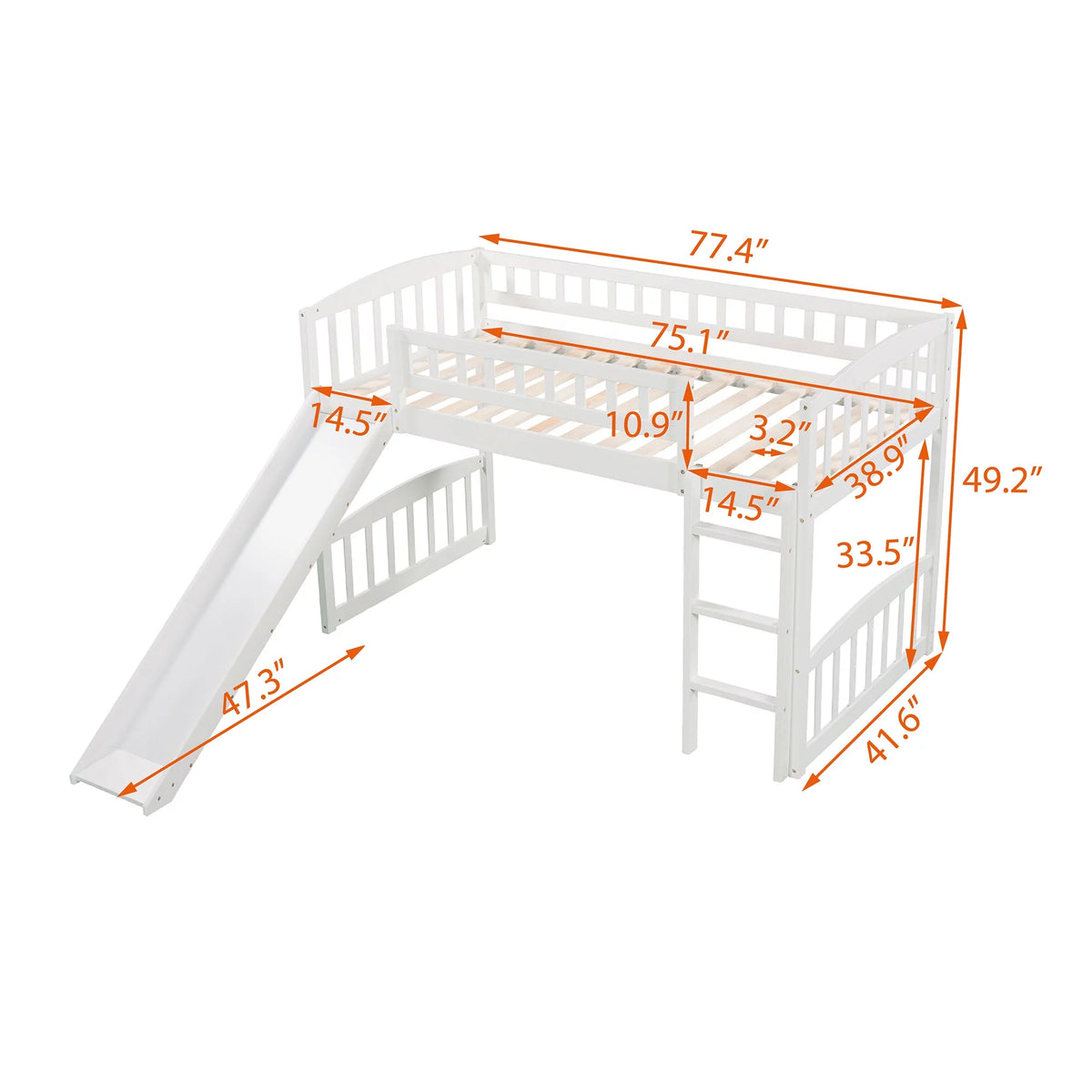 White Double Loft Bed with Slide and Ladder B72258