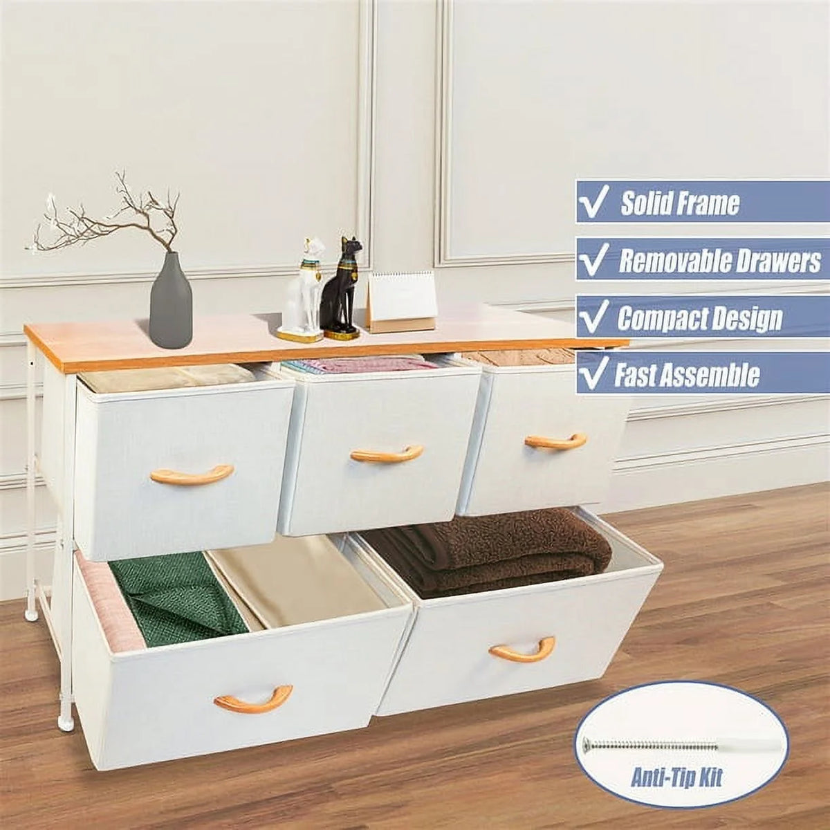 5 Drawers Wood Dresser with Fabric Drawers (Maple) M550