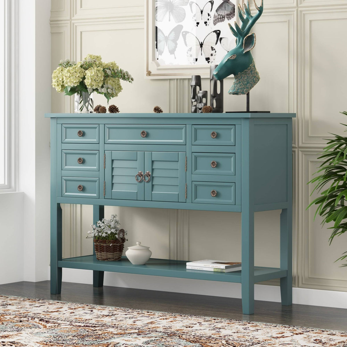 Green 7 Drawer Console Table with Cabinet E288