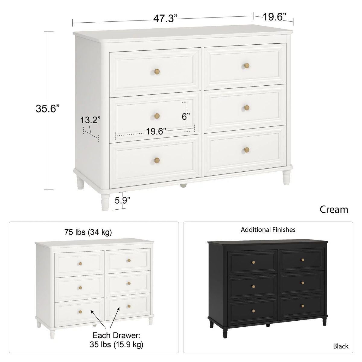 6 Drawer Ivory White Dresser A27444