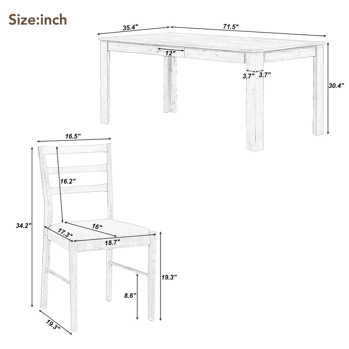 Farmhouse 7 Piece Dining Set Extendable Table with 12” Leaf and 2 Drawers O201303