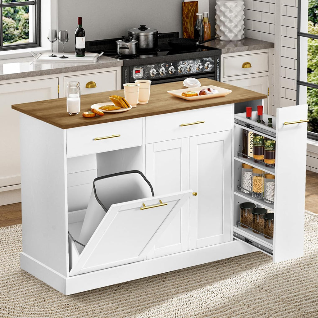 White Rolling Kitchen Island with Pull Out Spice Rack and Trash Can Cabinet O897