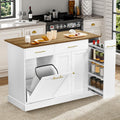 White Rolling Kitchen Island with Pull Out Spice Rack and Trash Can Cabinet O897