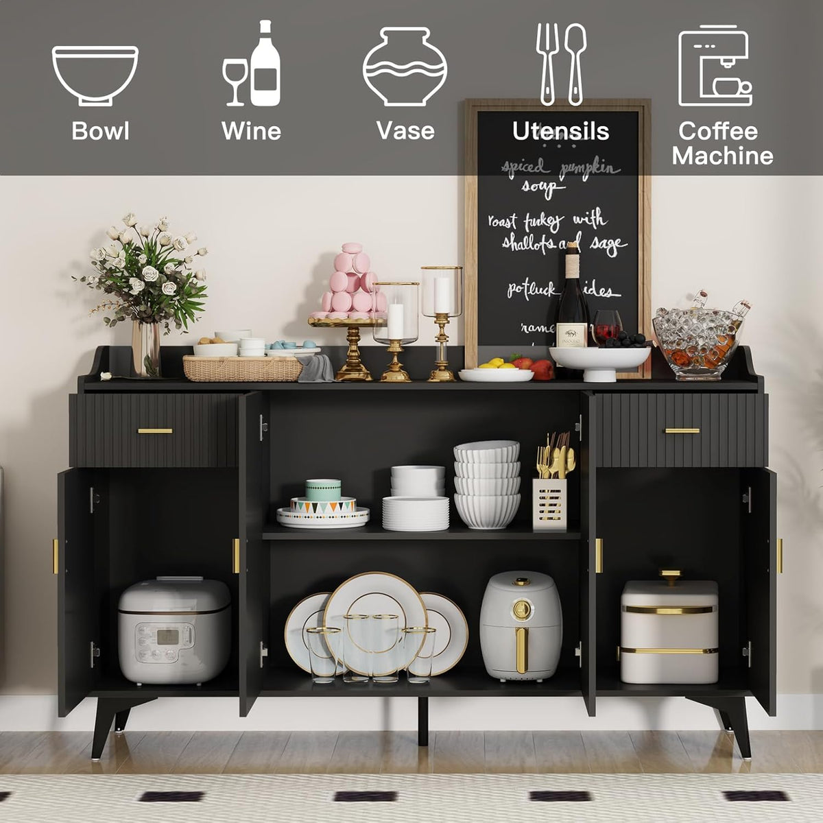 Black Wood Sideboard Buffet Cabinet with Storage X77529
