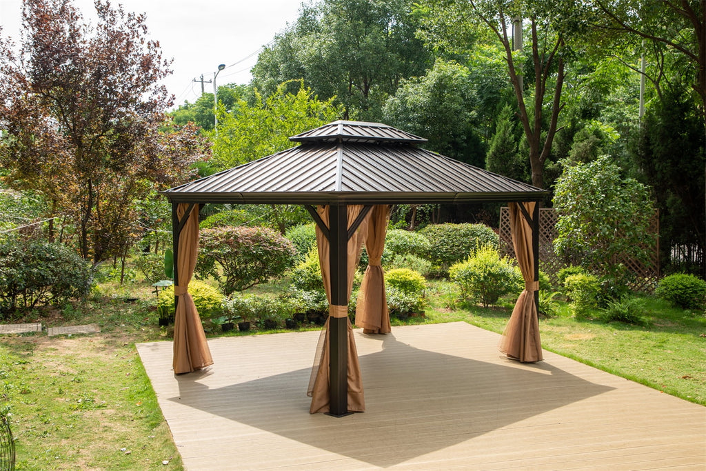 10' x 12' Hardtop Galvanized Steel Outdoor Gazebo with Netting and Curtains A97120