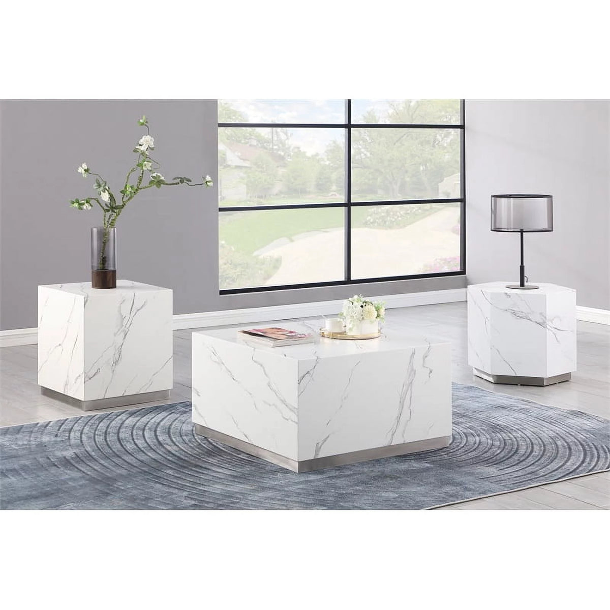 White Faux Marble Square End Table W780