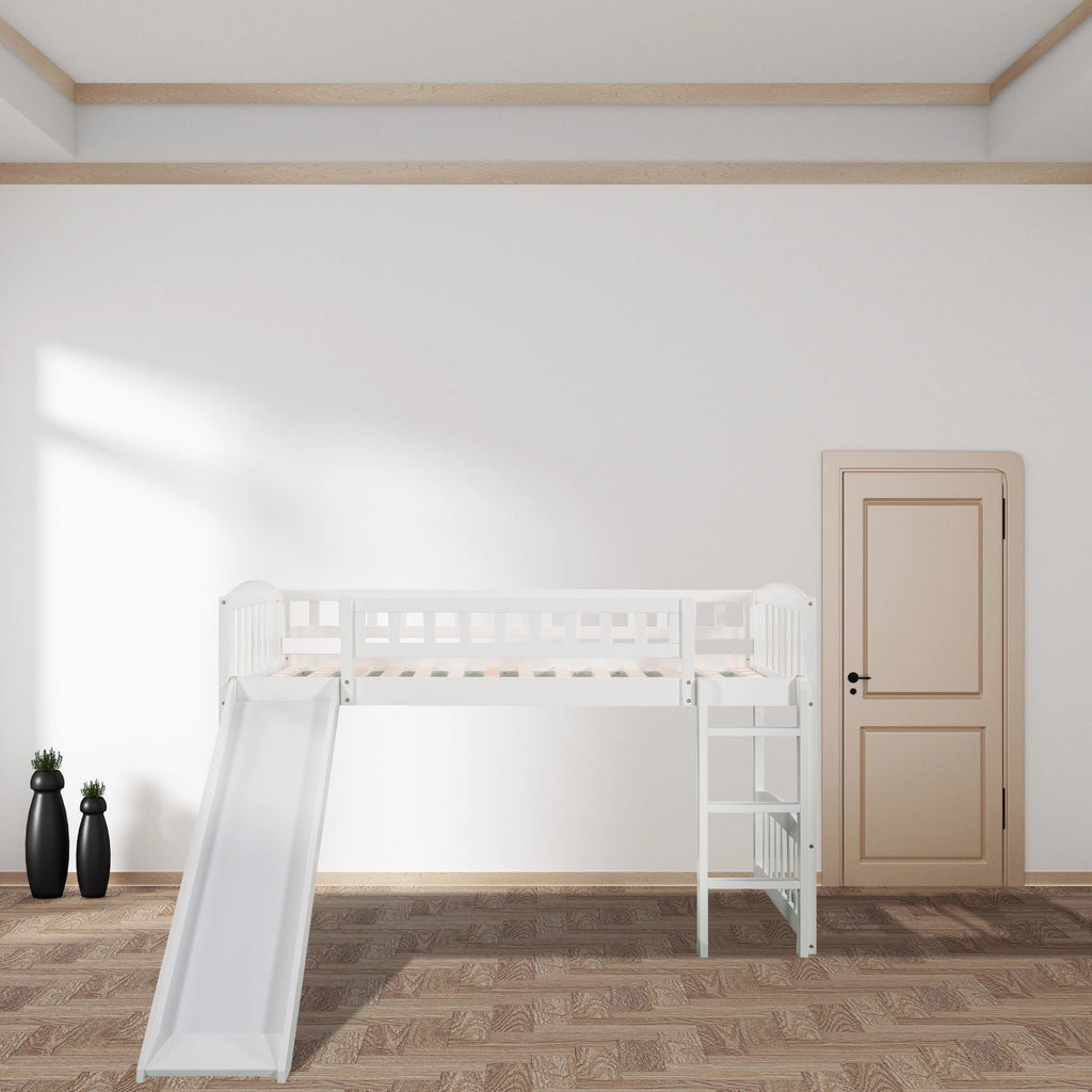 White Double Loft Bed with Slide and Ladder B72258