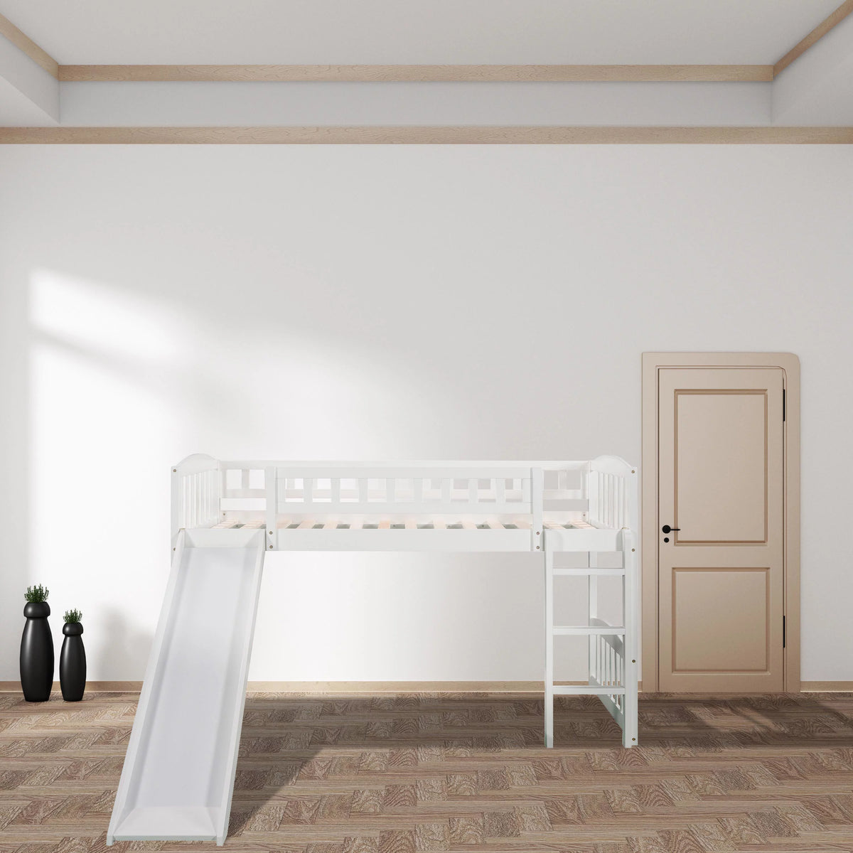 White Double Loft Bed with Slide and Ladder B72258