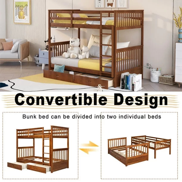 Solid Wood Twin Over Twin Bunk Beds with Storage Drawers N32140