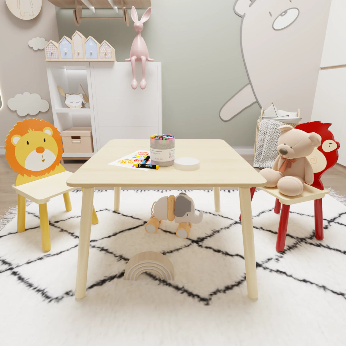 Kids Table and 2 Chairs Set, 3 Pieces Wooden Activity Play Table Set W279800