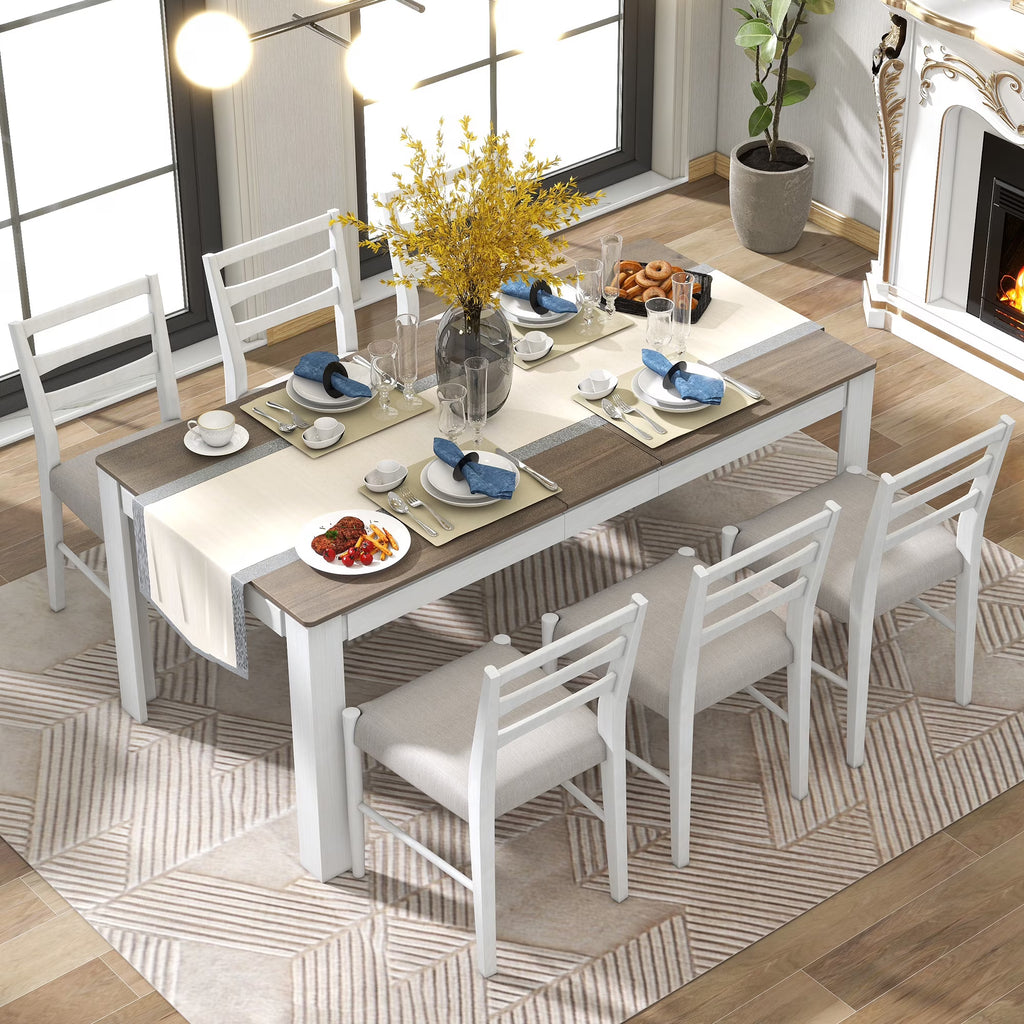 Farmhouse 7 Piece Dining Set Extendable Table with 12” Leaf and 2 Drawers O201303