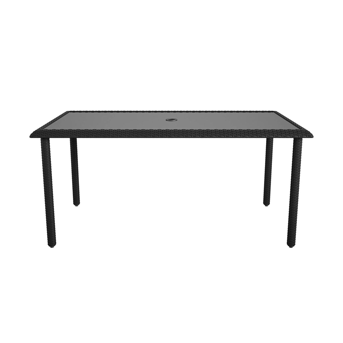 Black Wicker Dining Table with Glass Top and Umbrella Hole V788662