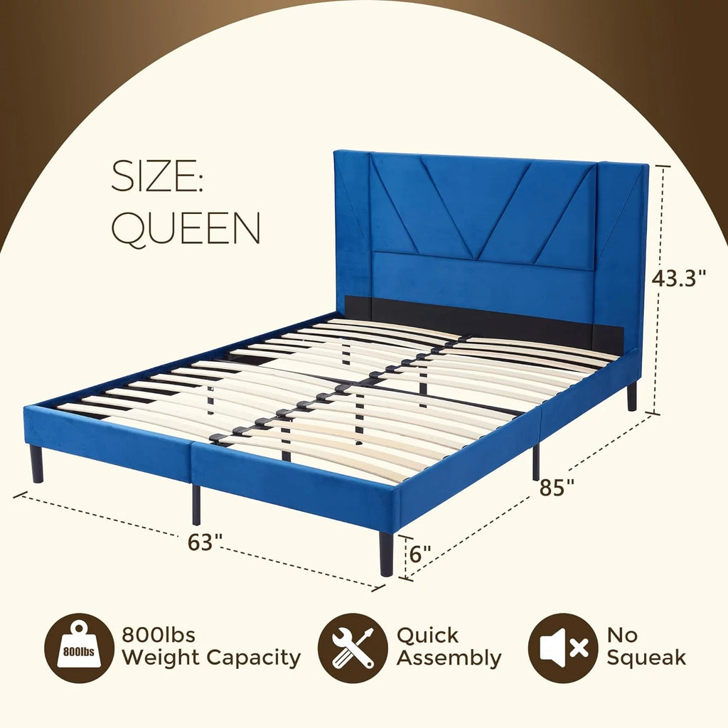 Queen Size Black Velvet Upholstered Platform Bed Frame U257563