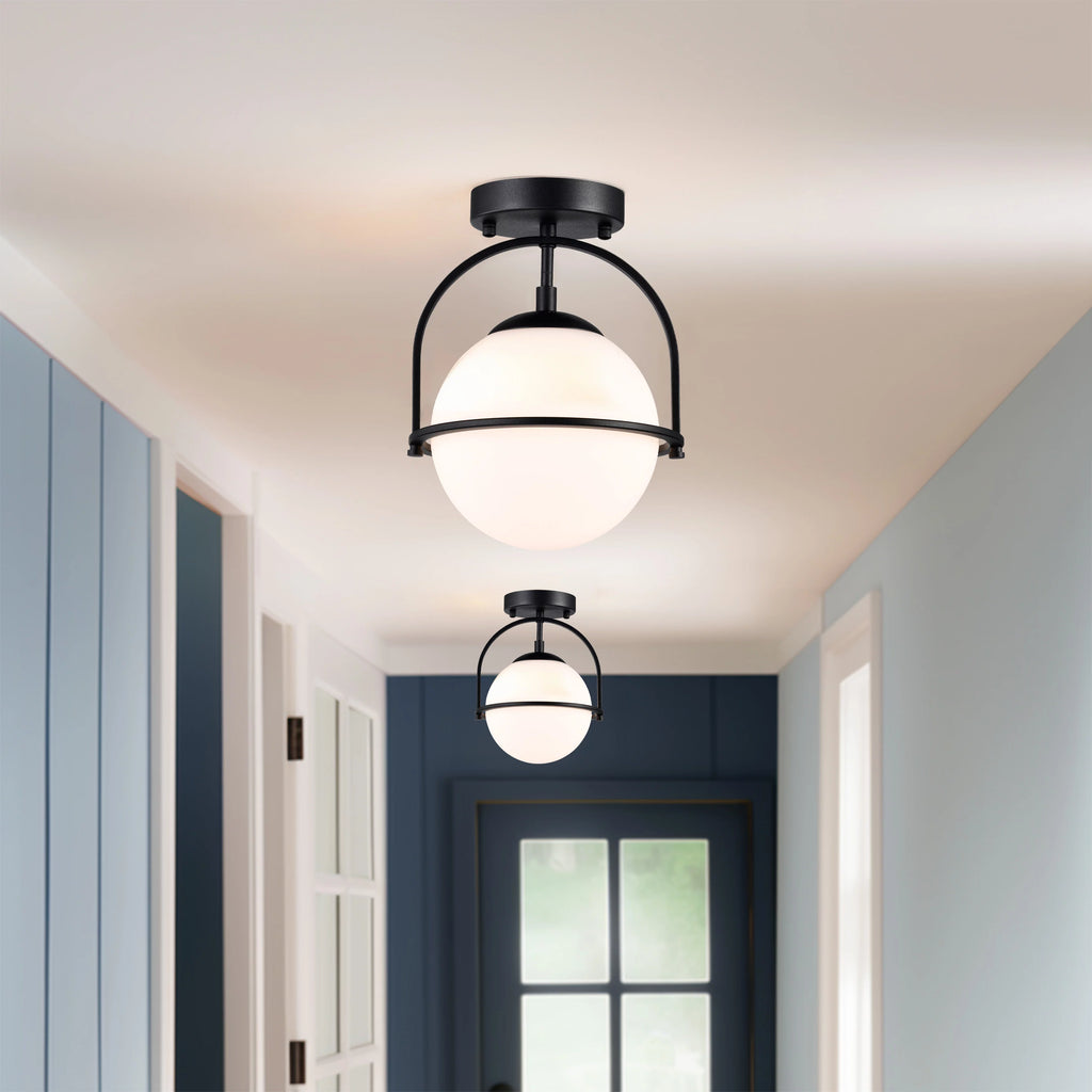 Black 1-Light Semi Flush Mount Ceiling Light with Opal Glass Shade Z63774