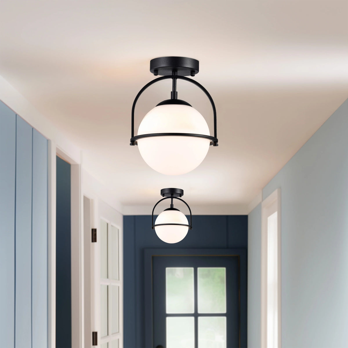 Black 1-Light Semi Flush Mount Ceiling Light with Opal Glass Shade Z63774