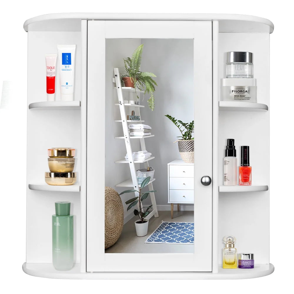 White Wooden Bathroom Storage Cabinet with Mirror Door & 8 Shelves L64961