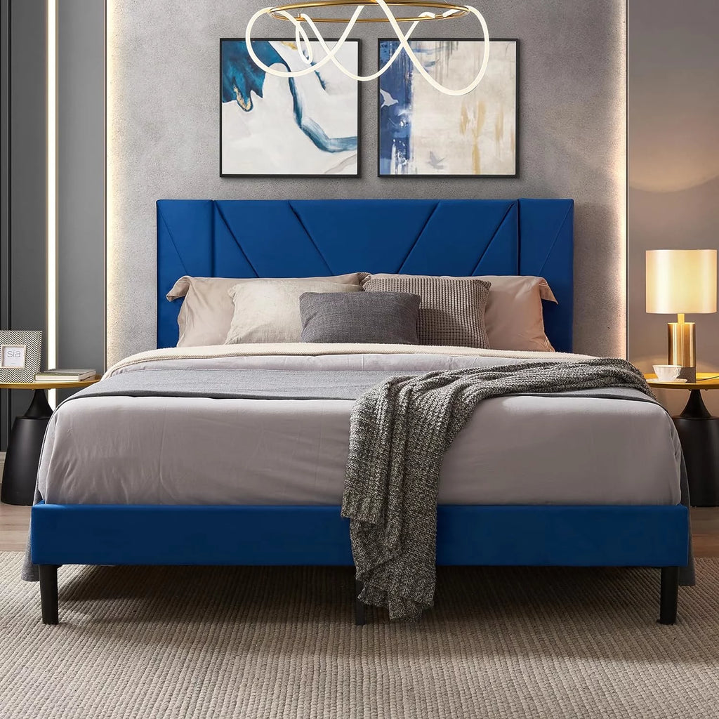 Queen Size Black Velvet Upholstered Platform Bed Frame U257563