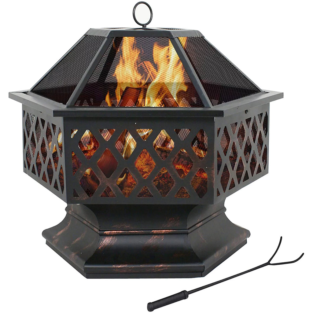 24 Hexagon Wood Bronze Finish Steel Fire Pit D579072