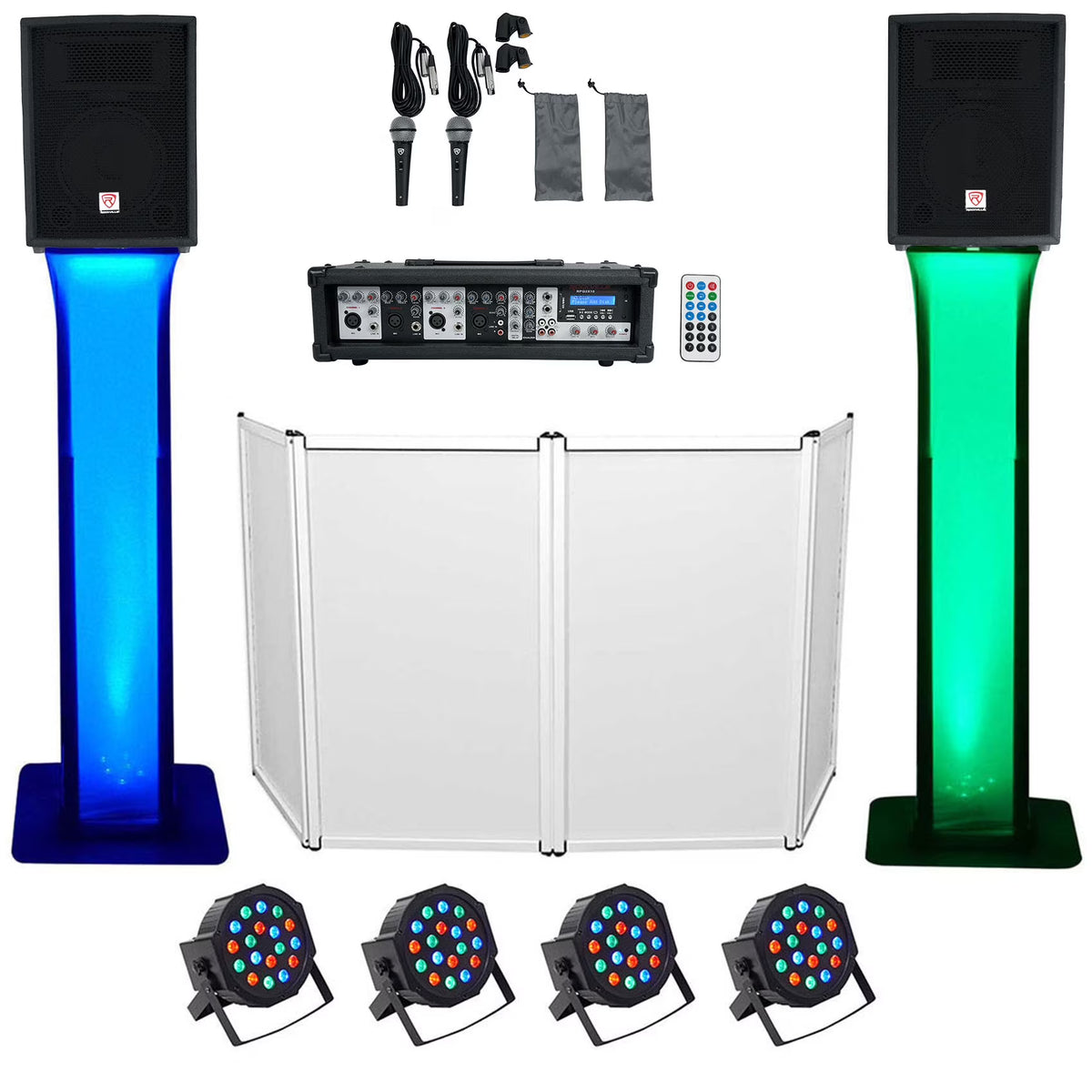 10" Speakers Bluetooth Mixer Mics Tripod Stands Facade Lights DJ Package C54748