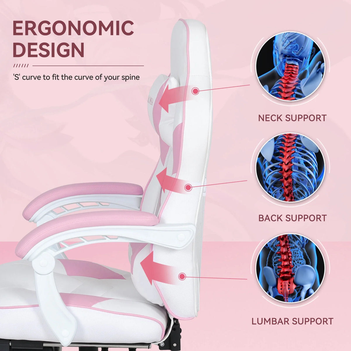 Pink Ergonomic Reclining Gaming Chair with Footrest R57105