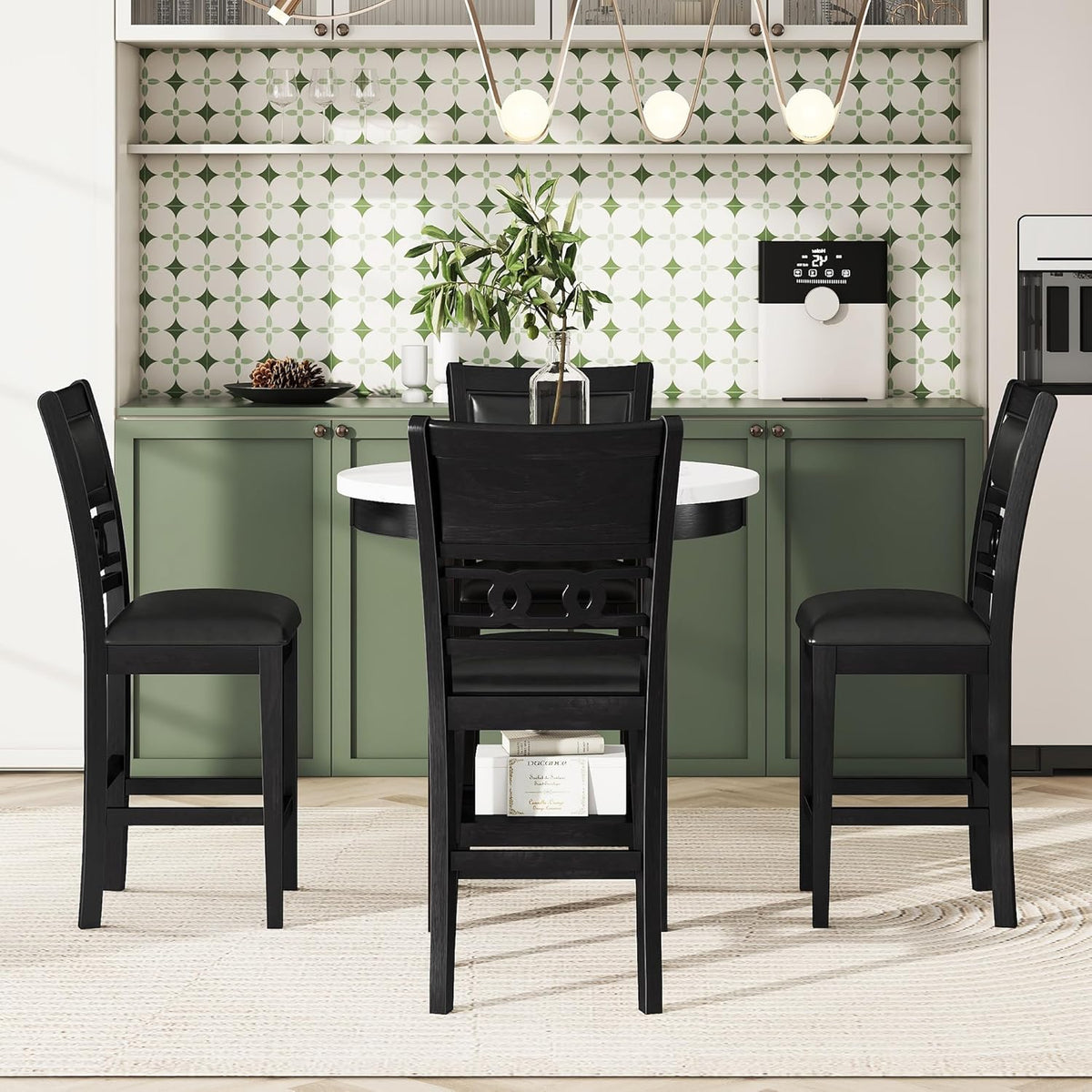5-piece Counter Height Dining Round Table Set with Faux Marble Top and Four PU-leather Chairs, Dark Espresso Z836612