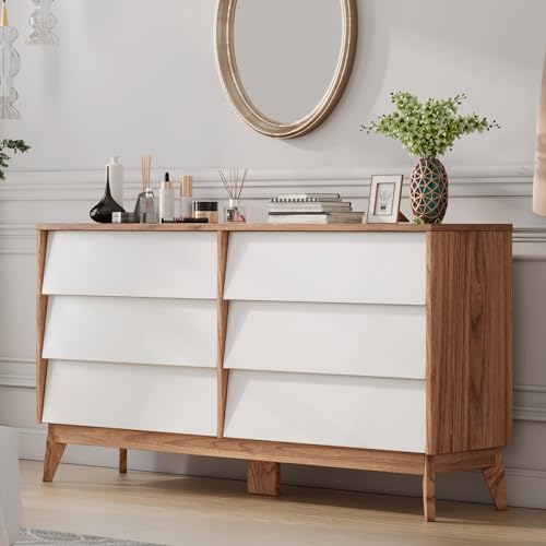 White & Yellow Walnut 6 Drawer Wood Dresser S477067