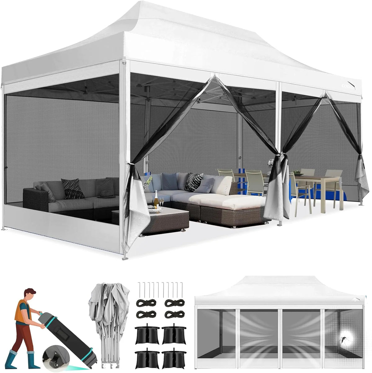 10x15 Heavy Duty Pop up Canopy Tent with Netting and Sidewalls, Black G866