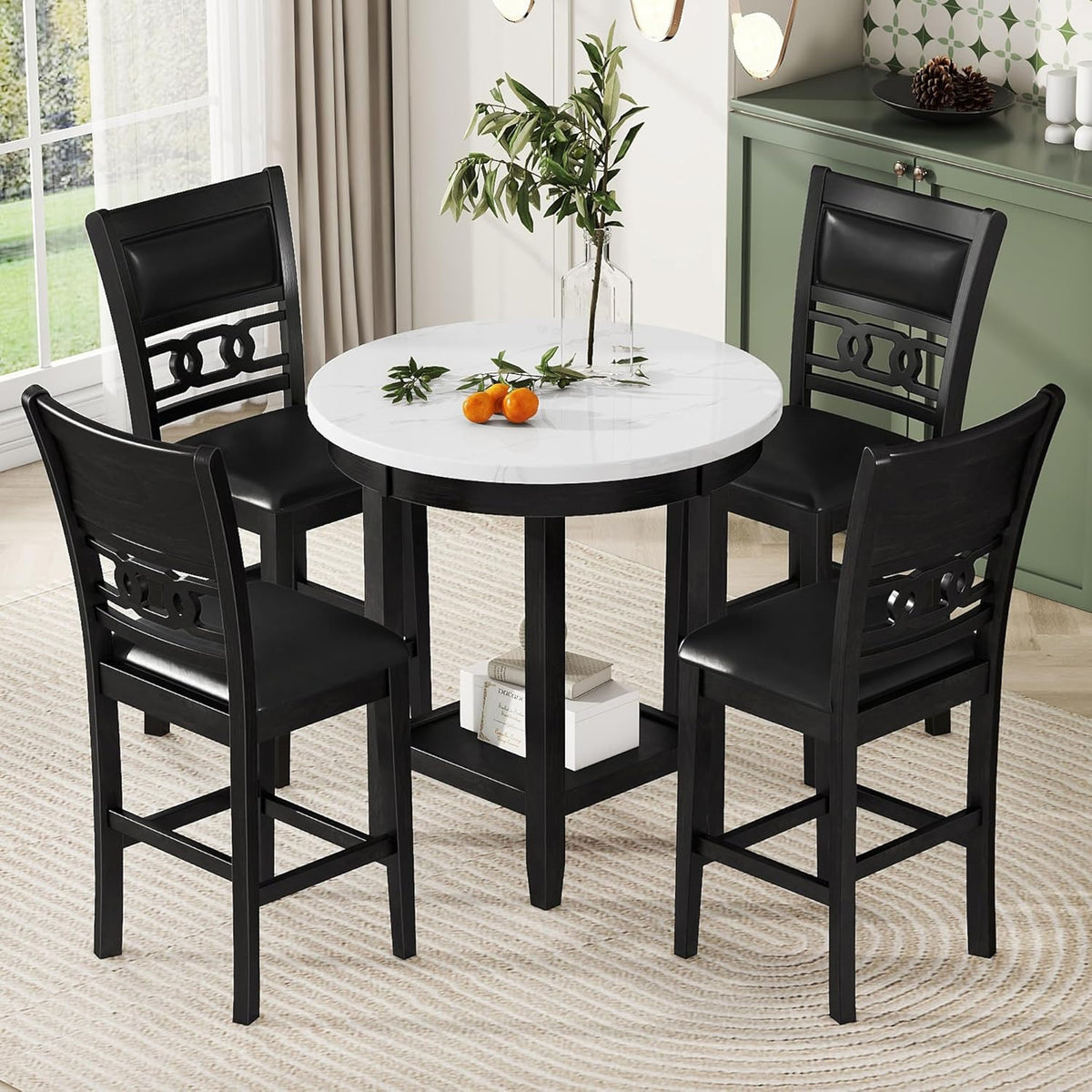 5-piece Counter Height Dining Round Table Set with Faux Marble Top and Four PU-leather Chairs, Dark Espresso Z836612