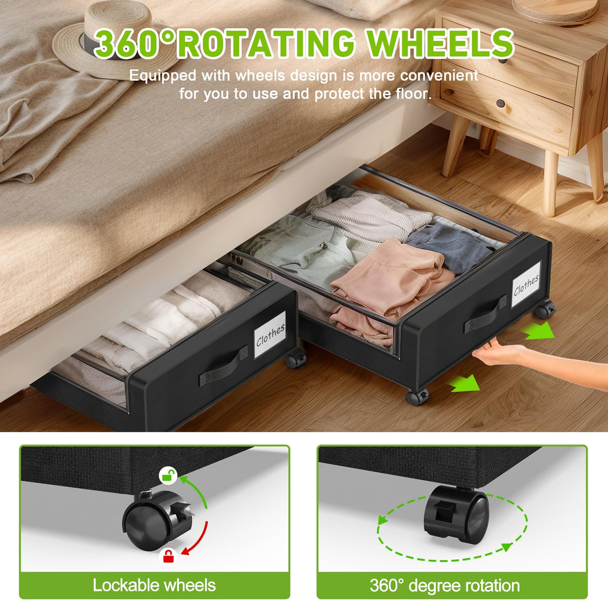 Black 2 Pack Rolling Underbed Storage Containers with Clear Lid Y268903