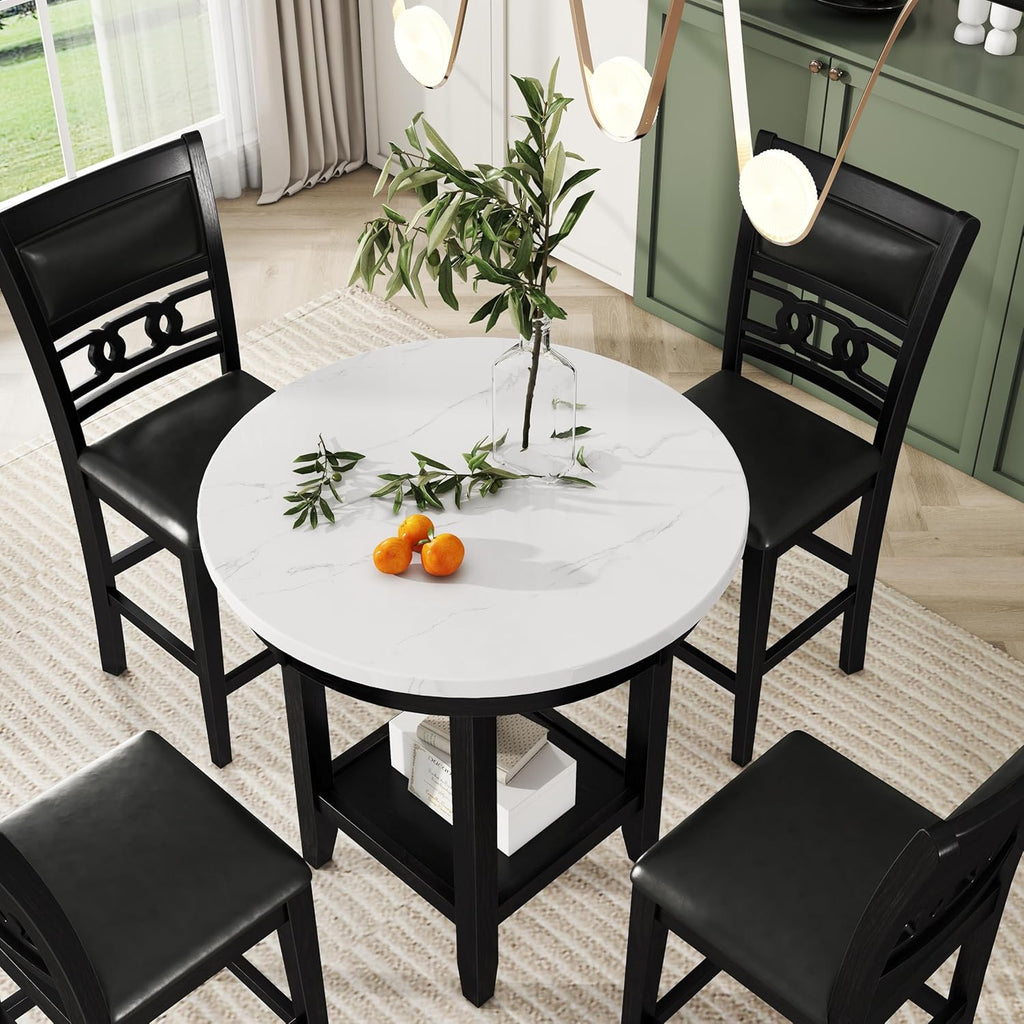 5-piece Counter Height Dining Round Table Set with Faux Marble Top and Four PU-leather Chairs, Dark Espresso Z836612