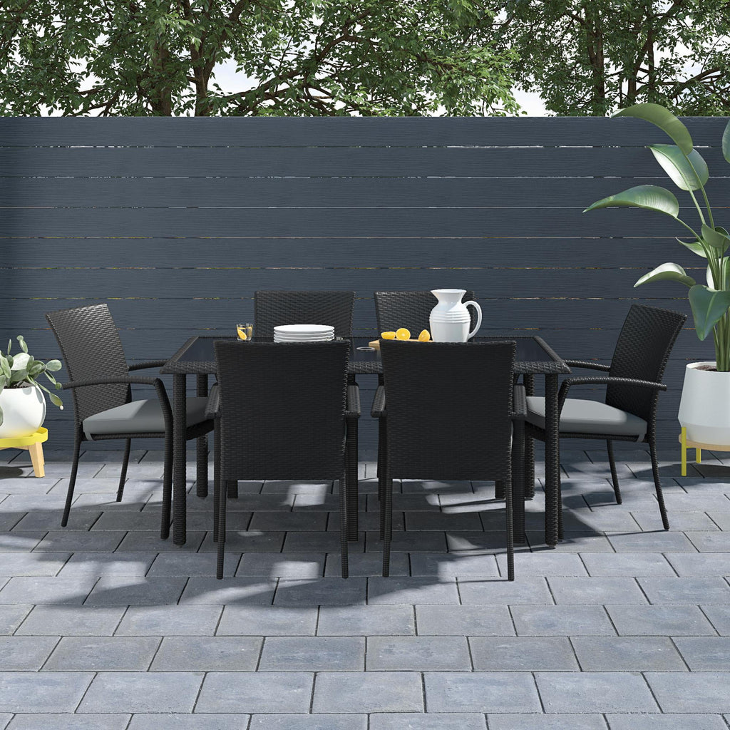 Black Wicker Dining Table with Glass Top and Umbrella Hole V788662