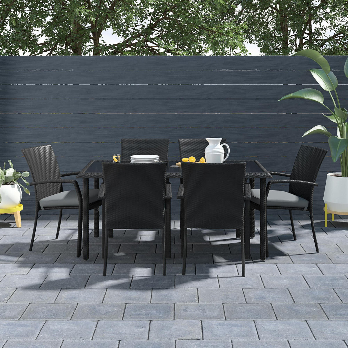 Black Wicker Dining Table with Glass Top and Umbrella Hole V788662