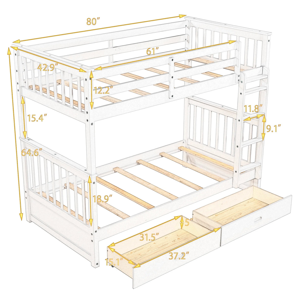 Solid Wood Twin Over Twin Bunk Beds with Storage Drawers N32140