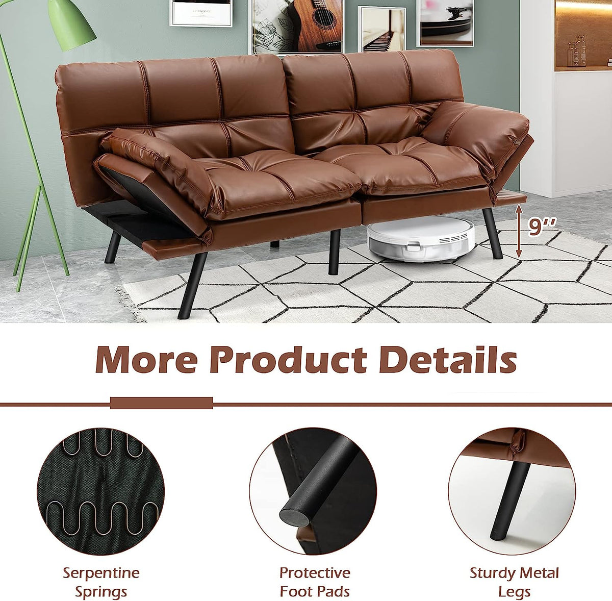 Brown Memory Foam Futon Sofa Bed with Adjustable Backrest M46723
