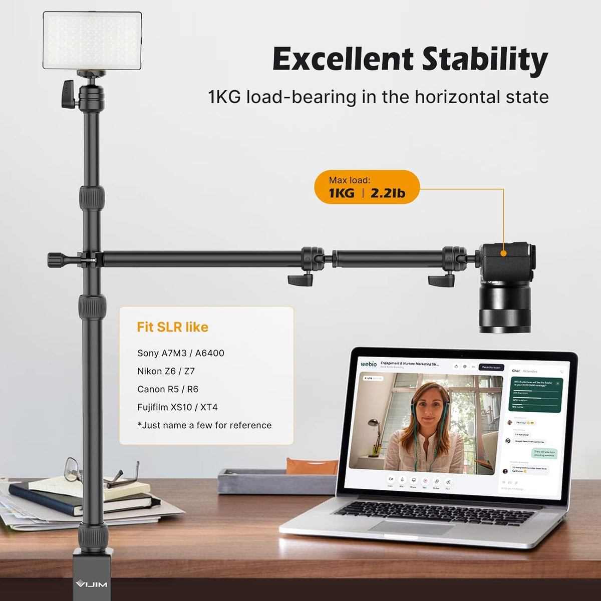 Camera Mount Desk Stand with Auxiliary Holding Arm H297