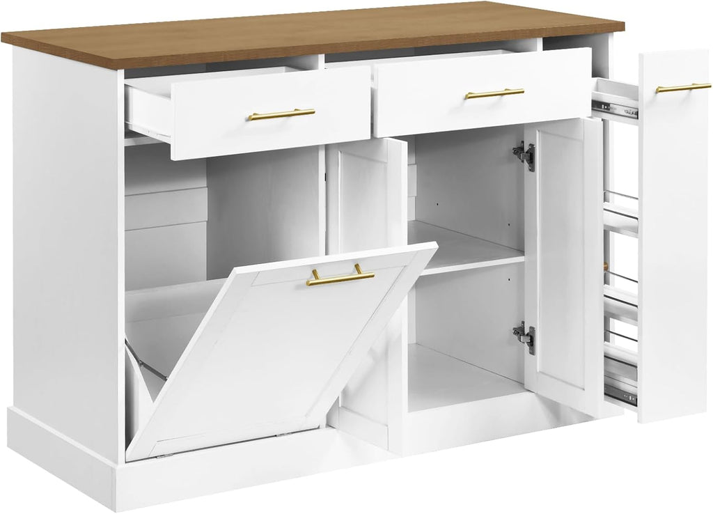 White Rolling Kitchen Island with Pull Out Spice Rack and Trash Can Cabinet O897