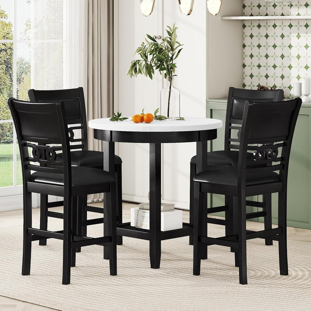 5-piece Counter Height Dining Round Table Set with Faux Marble Top and Four PU-leather Chairs, Dark Espresso Z836612