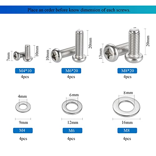 24pcs M4 M6 M8 Stainless Steel Screws Washers TV Mount Hardware Kit W81432