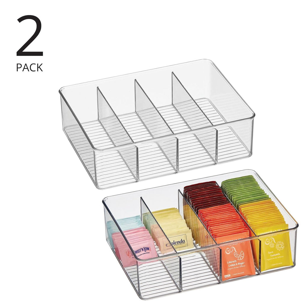 Plastic Stackable Tea Bag Storage Organizer Bin with 4 Divided Compartments, 2 Pack - Clear K196303